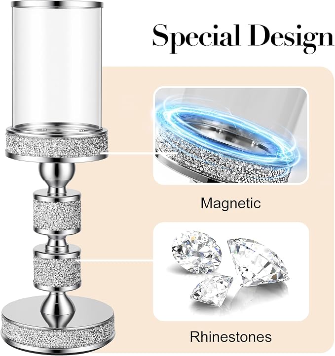 Hurricane Candle Holder, 13.5" Tall Metal Candle Stand, Glass Pillar Candle Holders, Crystal Silver Decorative Centerpieces for Table, Wedding and Dining Room (Fits Candles up to 3"x5", 2pcs, M)