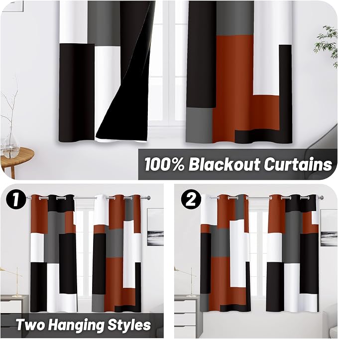 Tyrot Burnt Orange 100% Blackout Curtains for Bedroom 45 inch Length 2 Panels Set White Grey Modern Abstract Geometric Fall Black Out Curtains Insulated Room Darkening Small Window Curtains, 42Wx45L