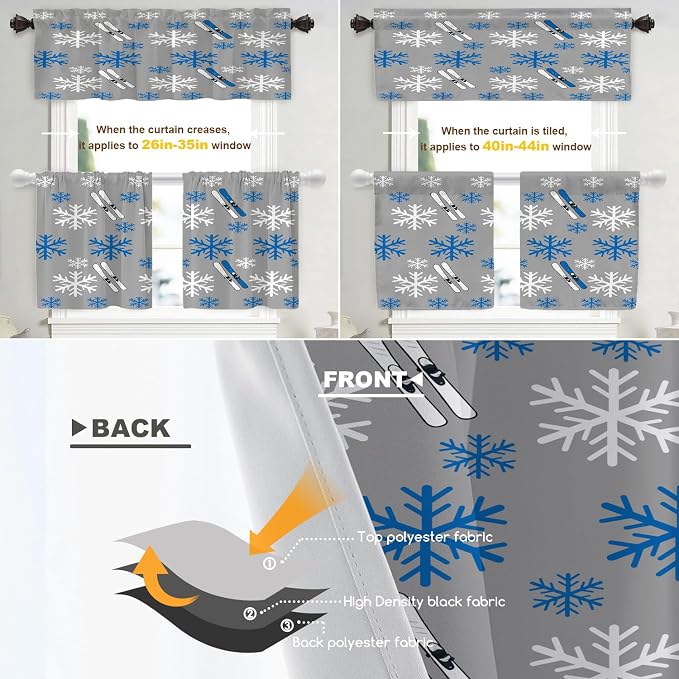 Shrahala Snowflakes Skis Blackout Curtain Tiers, Winter Sports Themed Pattern Kitchen Valance Light Blocking Tier Drapes with Rod Pocket, 2 Pack 26 X 24 in