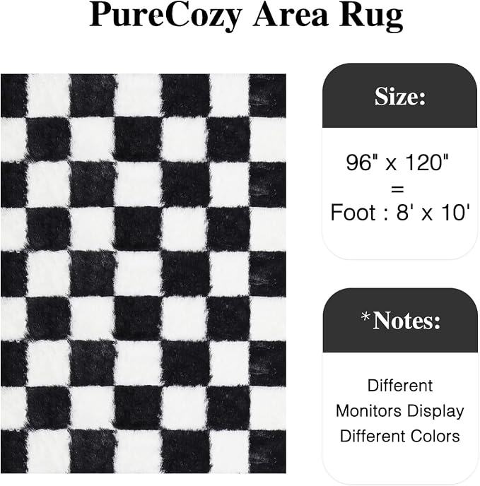 PureCozy Checkered Rug 8x10 for Living Room, Black and White Modern Shag Rugs Super Soft Washable Indoor Office Fuzzy Carpet Non-Slip Fluffy Rugs for Bedroom Home Aesthetic Decor
