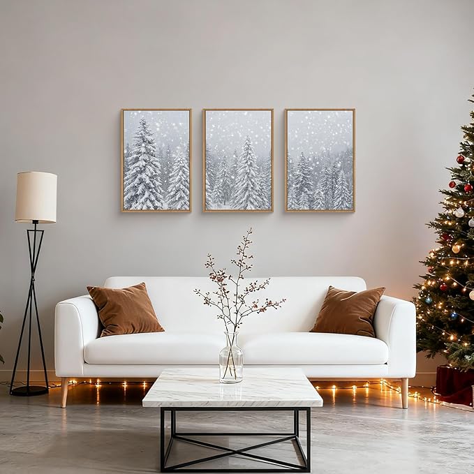 Snowy Christmas Tree Natural Woodland Framed Canvas Wall Art Set,Modern Rustic Winter Snow Covered Pine Forest Wall Decor,Wilderness Frosty Landscape Artwork for Xmas Room,Farmhouse- 16"x24"x3