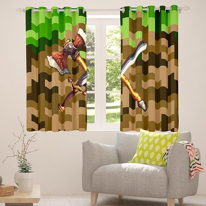 Castle Fairy Axe Sword Window Curtains,Camouflage Blocks Privacy Blackout Curtain for Window Miner Theme Shade Windows Covering for Bedroom Pixel Style Drapes 2 Panels,52Wx84L