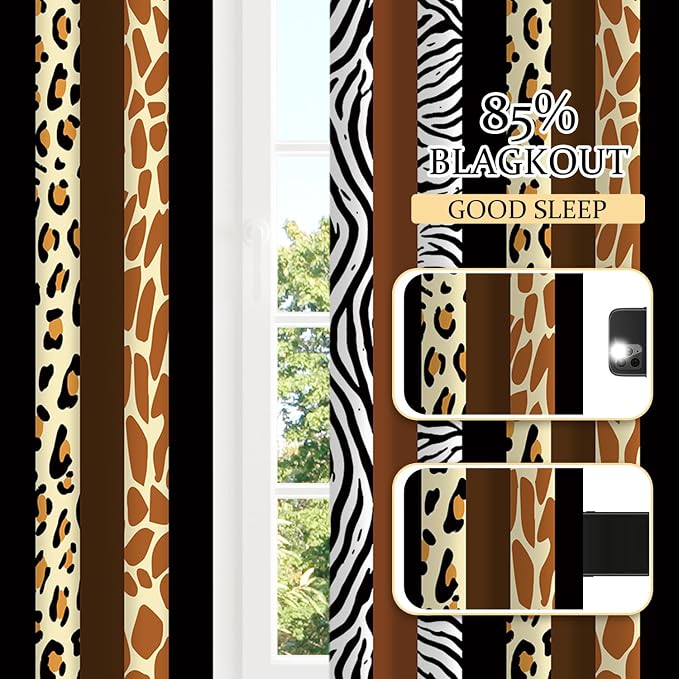 Animal Print Blackout Curtains, Cheetah Zebra Leopard Window Drapes, Living Room Bedroom Decor 2 Panels 52x84 Inch