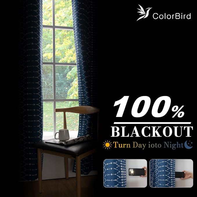 ColorBird 100% Blackout Heat Blocking Boho Curtains for Bedroom 84 Inches Navy Blue and White Sun Blocking Thermal Curtains & Panels for Living Room Striped Western Geometric Room Decor