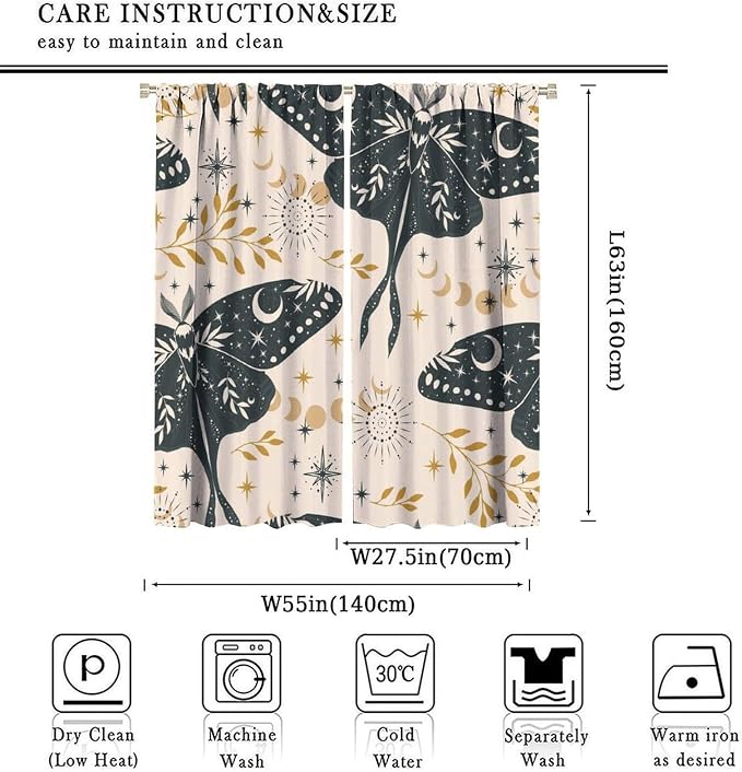Witchy Curtains, Goth Curtains, Moth Decor, Star Curtains, Moth Curtains Darkening Curtains Botanical Curtains for Bedroom Living Room W55xL63 Inch