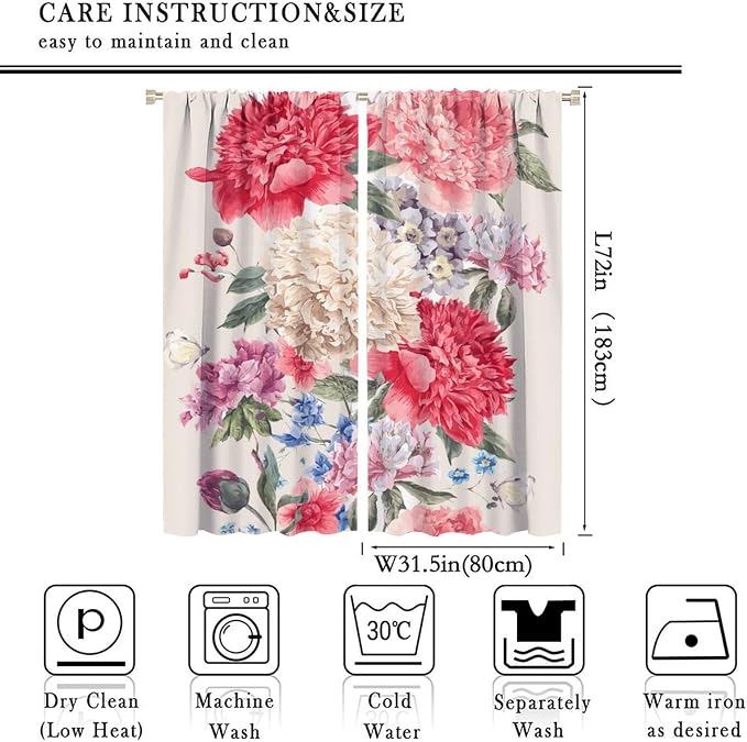 Floral Blackout Window Curtain Vintage Bouquet of Peony Wild Flowers Nature Botanical Leaf for Home Kitchen Livingroom Coffee Room Curtains Drapes 2 Panels 63x72in