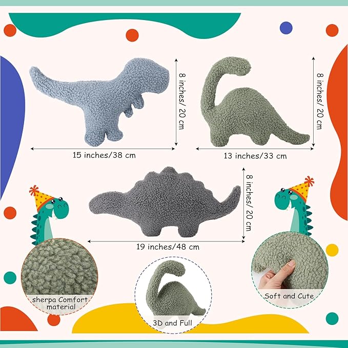 Shellwei 3 Pcs Dinosaur Pillow for Kids Sherpa Cute Color Dino Decorative Pillow Nursery Playroom Pastel Kawaii Decorative Birthday Toy for Boys Girls Kids Home Nursery Couch Decor(Cute Color)