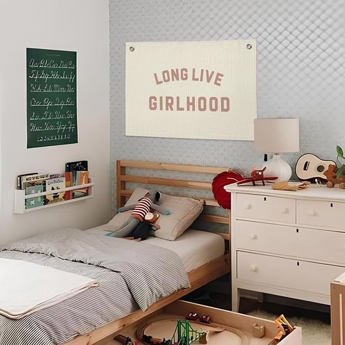 Long Live Girlhood Banner, Girls Baby Nursery Decor, Toddler Girl Room Decor, Pink Girls Room Wall Decor, 30x20 Inch Linen Wall Hanging Canvas Banner Flag
