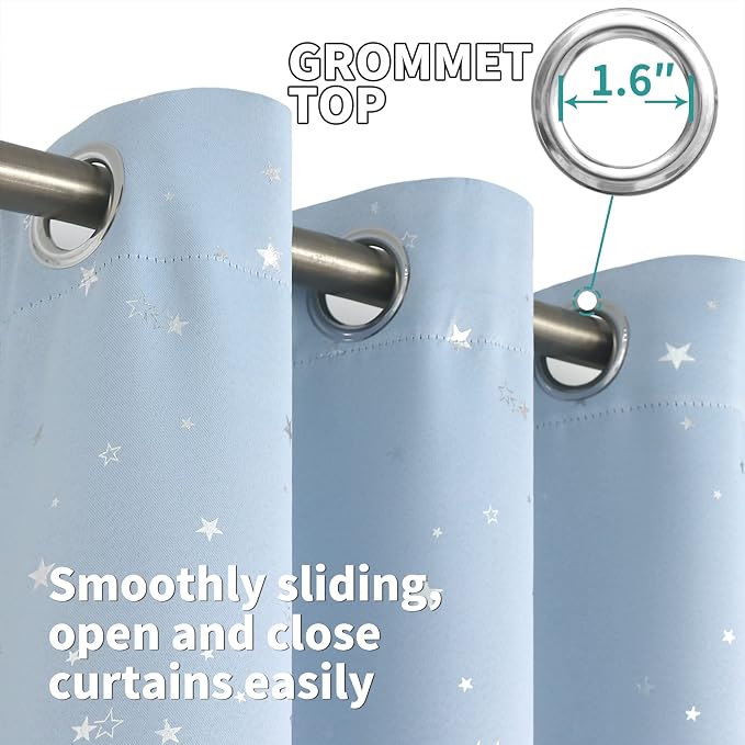 BGment Star Room Darkening Curtains for Kids Bedroom - Grommet Thermal Insulated Silver Star Print Kids Curtains for Living Room, Set of 2 Panels, Baby Blue, 52 x 95 Inch