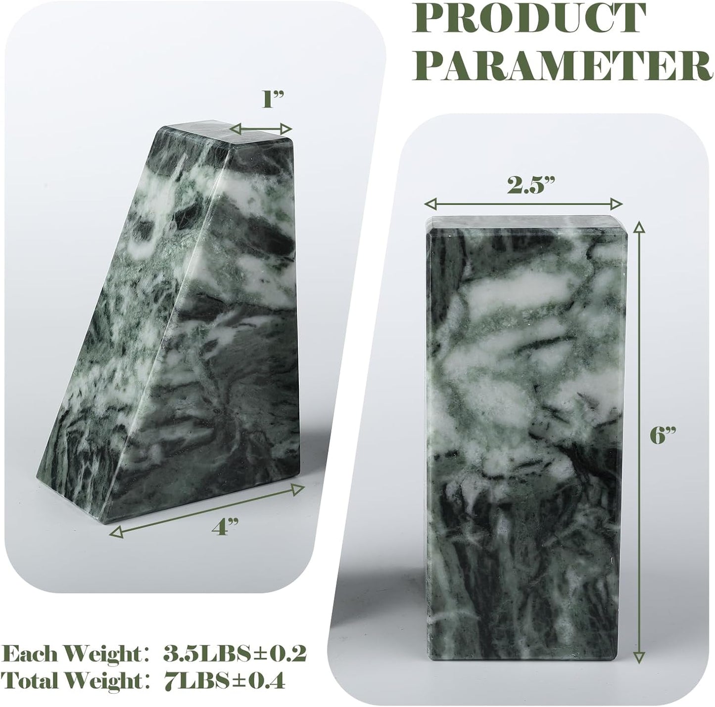 Marble Bookends for Heavy Books, Decorative Bookends for Shelves, Green Stone Book Ends, Heavy-Duty Book Ends for Hardback Book & Cookbooks, Unique Book Stopper & Holder, Set of 2
