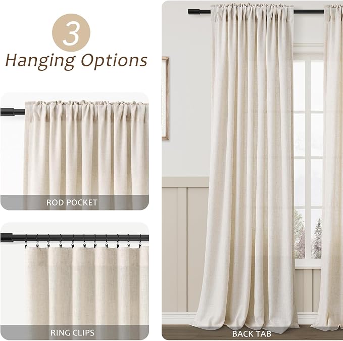 Aersas Beige Extra Long Faux Linen 132 Inch Length Curtains Luxury Privacy Light Filtering Ceiling High Window Drapes Back Tab Rod Pocket Semi Sheer Vintage Curtain 2 Panels for Living Room 52x132
