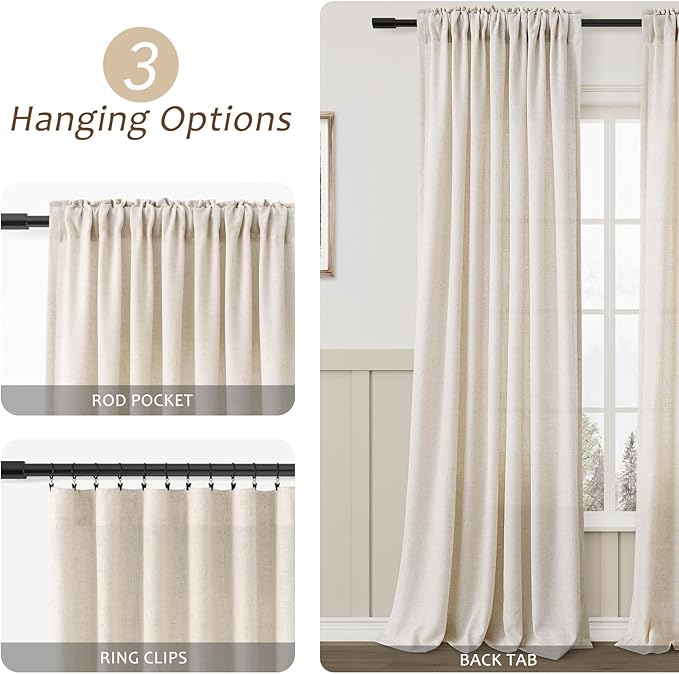 Aersas Beige Linen Textured Curtains 72 Inches Long for Living Room 2 Panel Set Back Tab Rod Pocket Semi Sheer Luxury Curtains Pleat Boho Window Curtain Decor for Dining Room Bedroom 52x72