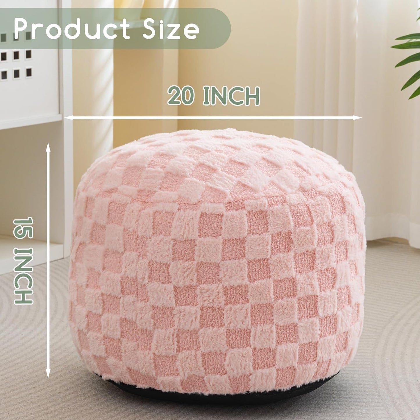 HIGOGOGO Round Stuffed Pouf Ottoman, Plaid Poufs with Foam Chunk Filling, Fluffy and Furry Pouf Foot Stool Storage Ottoman, 20 X 15 Floor Poufs Foot Rest for Living Room, Pink