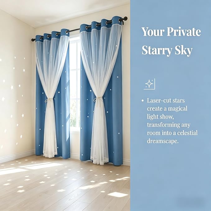 Kids Blackout Curtains for Bedroom/Living Room/Classroom, Sheer Overlay Double Layer Curtains with Star Cutout for Kids Room(Each Piece W 70 x L 95 Inches 2 Pcs Sky Blue)