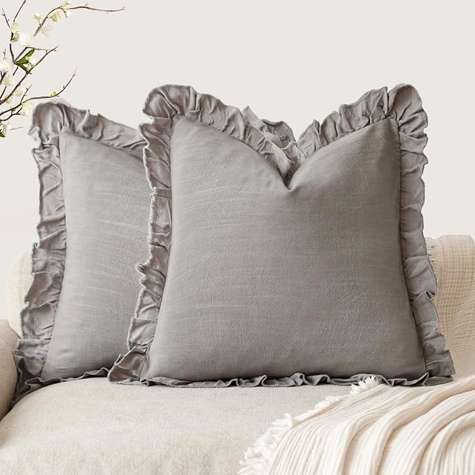 Foindtower Set of 2 Decorative Linen Fringe Ruffle Throw Pillow Covers Soft Boho Farmhouse Cushion Cover Cozy Accent Retro Pillowcase for Couch Sofa Bed Living Room Home Decor,18×18 Inch,Taupe Gray