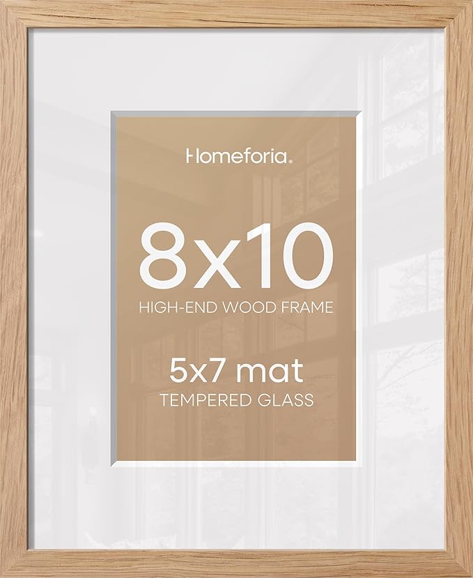 Homeforia 8 x 10 Wood Picture Frame, High End Natural Oak 8x10 Light Wooden Frames with Mat 5x7 inch Photo, 8 x 10 Frame Matted to 5 x 7 Art, Wall or Tabletop Frame, Tempered Glass, Wall Kit, Set of 1