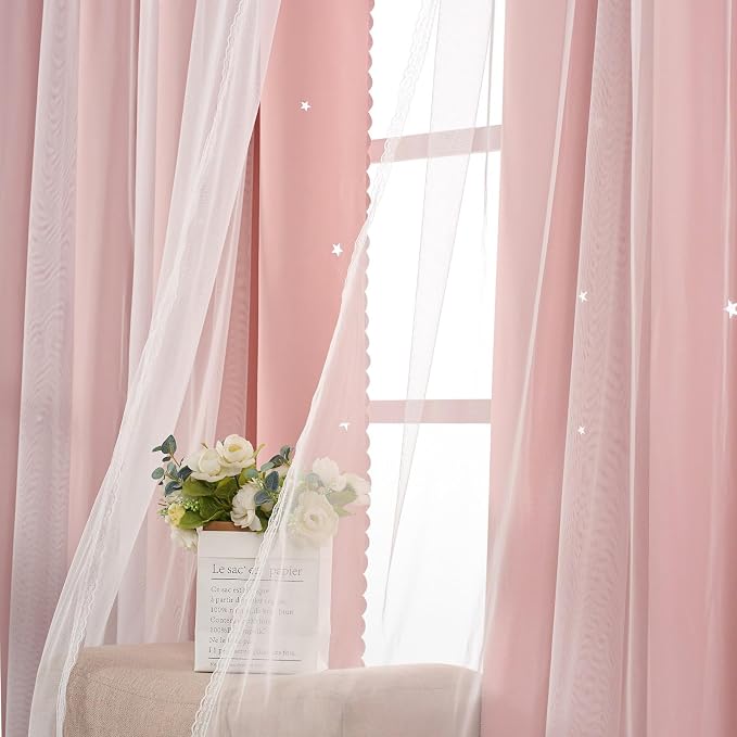 Light Pink Blackout Curtains for Girls Room 84 Inches Long Cute Star Cutout | Nursery Double Layer Curtains & Drapes Tulle Lace 2 Panel Thermal Insulate Bedroom Darkening Window Treatments Cortinas Blush