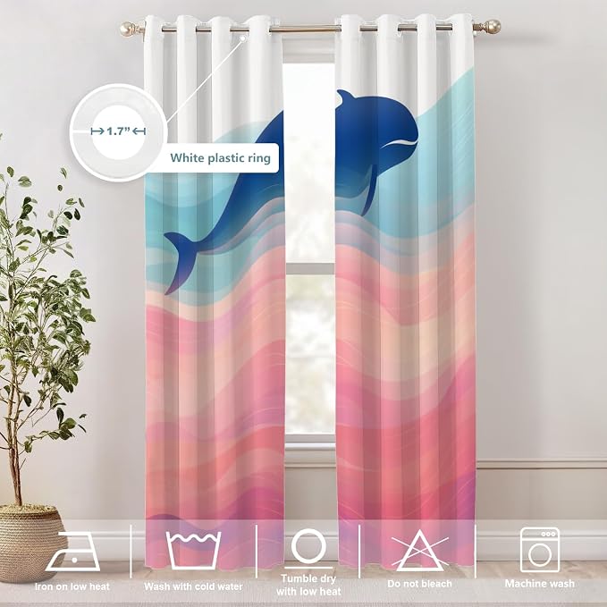 Shrahala Whale Waves Thermal Insulated Blackout Window Curtains, Whale in Colorful Waves Long Drapes for Bedroom/Living Room with Plastic Grommet, 52X84 Set of 2