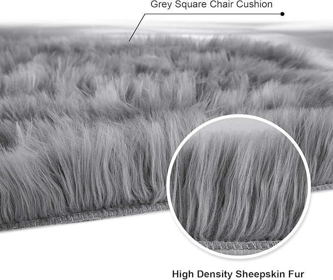 Softlife Grey Faux Fur Sheepskin Chair Cover 2 PCs Seat Cushion Pad Super Soft Area Rugs for Living Bedroom Sofa Dorm (1.6ft x 1.6ft)