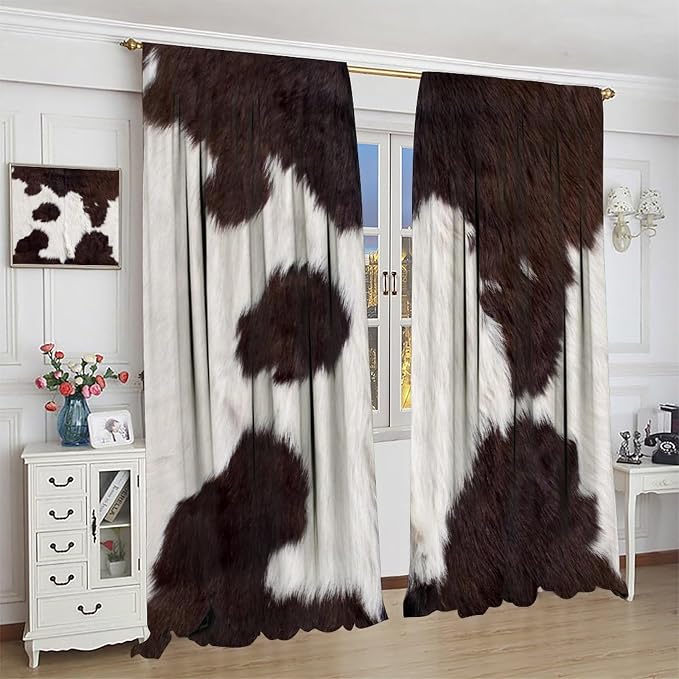 Cow Print Blackout Curtain,Retro Animals Fur Skin Cowhide Farm Style Window Treatments Rod Pocket Curtain for Bedroom Living Room Kitchen Decor Drapes 42x54in