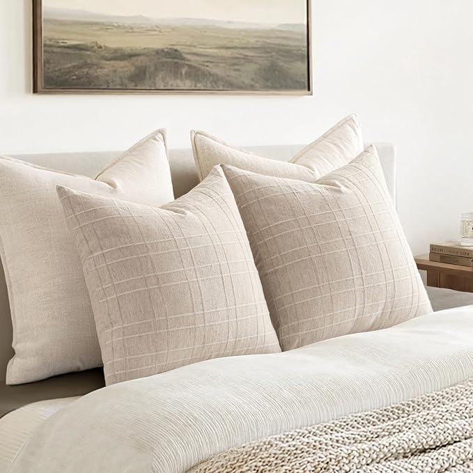 MIULEE Decorative Linen Check Euro Shams Throw Pillow Covers Neutral Farmhouse Vintage Pillow Covers 28x28 Set of 2 Boho Modern Home Decor for Sofa Couch Bedroom Cushion Natural Beige