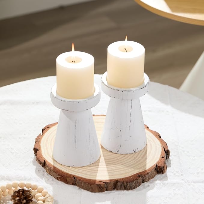 Wood Candle Holders for Pillar Candles, Set of 2 Vintage Rustic Tall Modern Farmhouse Decor, Decorative Wooden Candlestick Stand for Fireplace Mantel, Table Centerpiece - Distressed White
