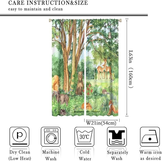 YCness Forest Animal Curtains, Watercolor Wild Animal Bear Fox Deer Kids Window Treatments for Living Room Bedroom,Green Woodland Tree Kids Drapes 2 Panel Sets,42x63 Inch