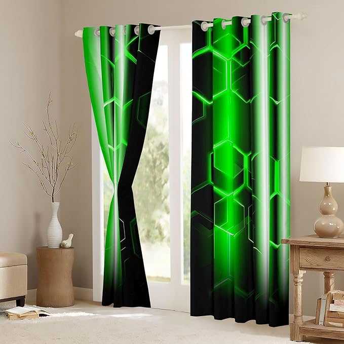 jejeloiu Honeycomb Curtains (2 Panels, 42 x 63 Inch) Modern Hexagon Theme Green Curtains Strip Lines Darkening Dreapes Modern Gradient Black Green Window Treatments Blackout