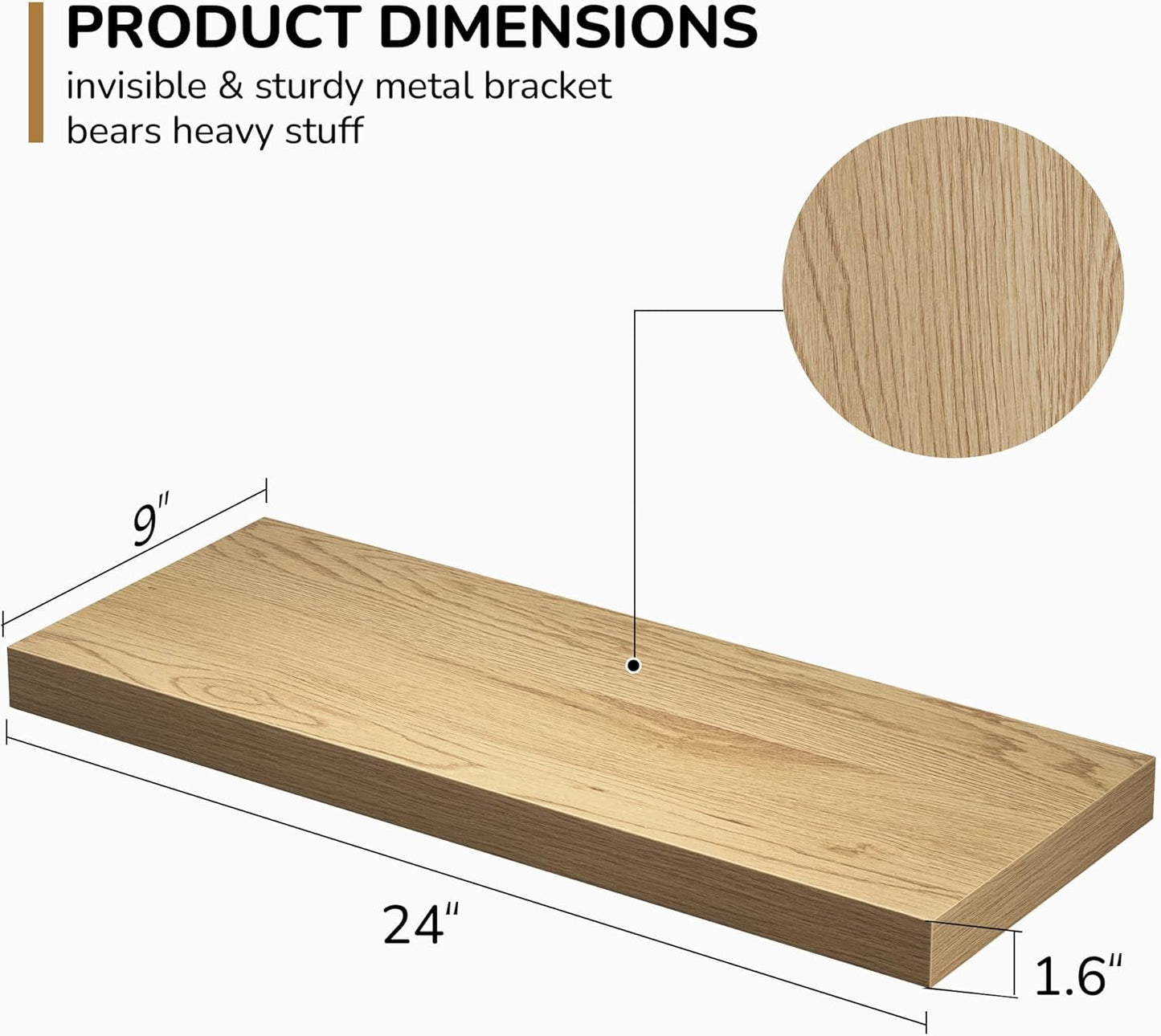 Fun Memories Floating Shelves - 24 Inch Rustic Wooden Wall Shelves - Extra Deeper & Thicker Wall Mounted Storage Shelf for Living Room, Kitchen, Farmhouse - 24" x 9" x 1.6" 2Pack, Oak