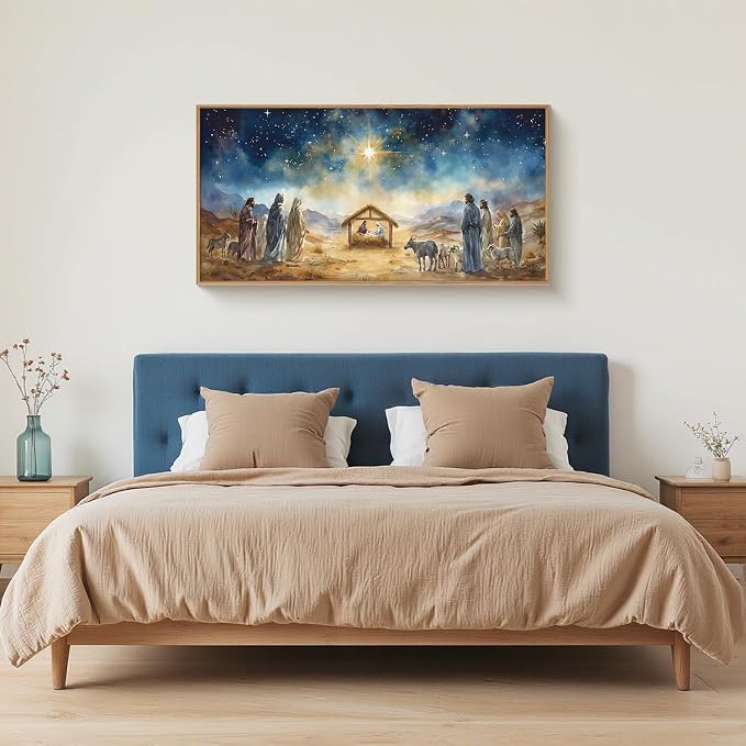 LHIUEM Large Bible Christian Religious Framed Canvas Wall Art Set,Birth of Jesus Nativity Wall Decor,Christmas Mary and Joseph Artwork for Living Room,Bedroom,Dining Room,Office -20"x40"x3