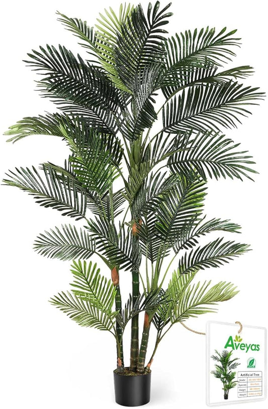 Aveyas 6ft Artificial Golden Cane Palm Tree for Home Decor, 6 Feet Big Faux Plant Fake Silk Tropical Kentia Areca Trees with Pot for Indoor Outdoor Interior House Living Room (6 ft Tall)