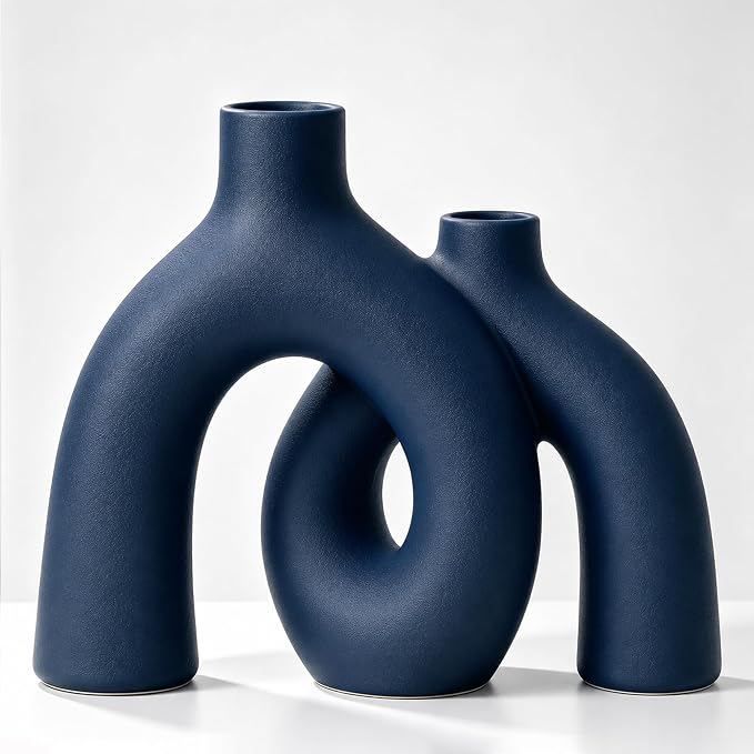 Hug Donut Decorative Vase Set - Navy Blue Vase, Modern Coastal Style Vases Home Decor, Matte Ceramic Decorations for Living Room Shelf, Bookshelf Mantle Entryway Table or Console Décor (Navy Blue)