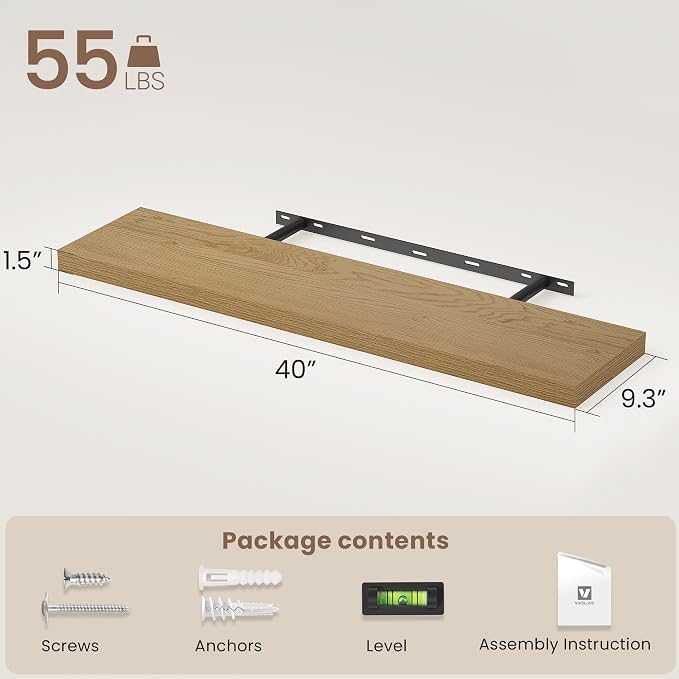 Vivelove 40 Inch Floating Shelves for Wall, 39.4x9 Display Shelves for Bathroom Living Room Kitchen Bedroom Office Farmhouse Home Decor - Set of 2, Oak