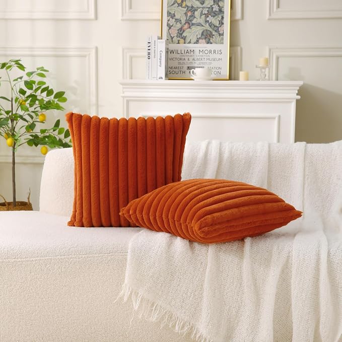 Decorative Throw Pillow with Inserts, Set of 2 Soft Faux Fur Throw Pillows, Square Boho Striped Pillow for Couch, Bed, Sofa Decor (Brownish-Orange, 16" x 16"(Pack of 2))