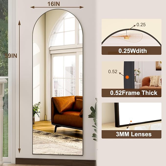 HARRITPURE 59"x16" Arched Full Length Mirror, Arch Floor Mirror with Aluminum Frame Standing Full Body Mirror for Home Bedroom Dressing Room, Black