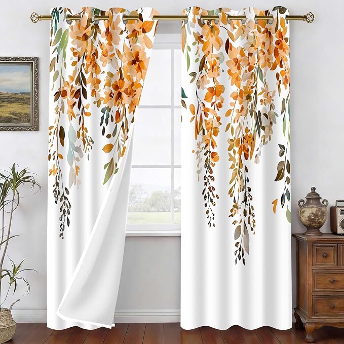 Orange Watercolor Floral Curtains, Botanical Leaves Vine Flowers Curtain, Rustic Farmhouse Flower Leaf Blackout Window Treatment Drapes for Bedroom Living Room 42x90 inch, 2 Panels