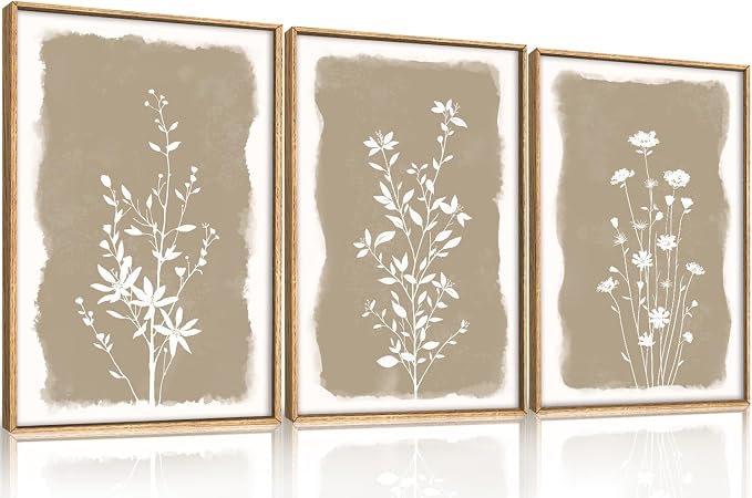 Neutral Beige Floral Silhouette Framed Canvas Wall Art Set,Modern Boho Minimalist Botanical Wildflower Wall Decor,Vintage Natural Creamy Flower Artwork for Living Room,Farmhouse-16 x24 x3