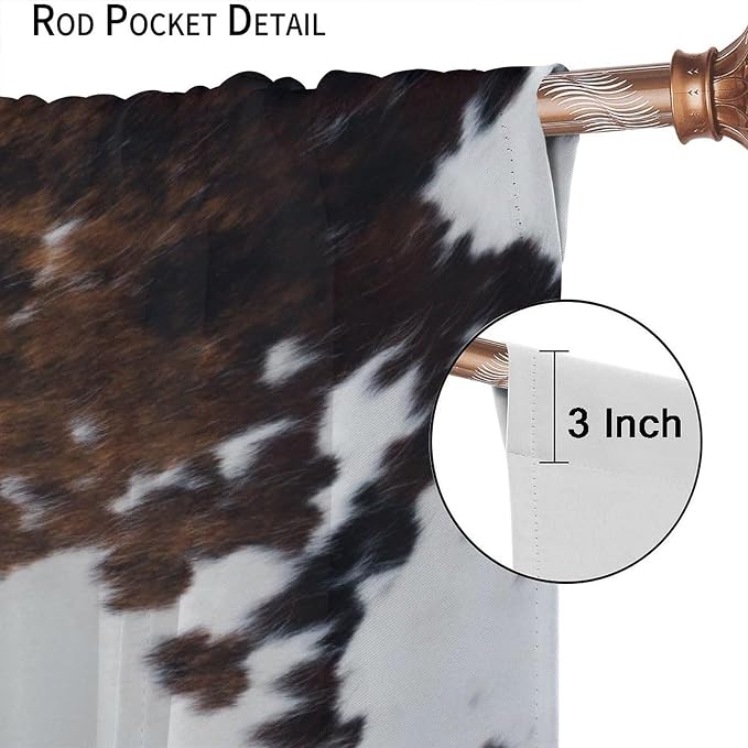 Cow Print Blackout Curtain,Brown White Cowhide Animal Fur Western Rustic Farmhouse Style Window Treatments Rod Pocket Curtain for Bedroom Living Room Kitchen Decor Drapes 72x63in