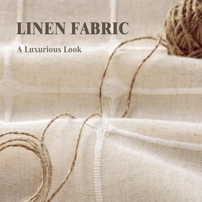 Boho Blackout White Plaid Curtains 63 Inch Beige Linen Blend Drapes with Tassels 2 Panels, Cotton Embroidered Farmhouse Curtains for Living Room Bedroom Rustic Vintage Decor