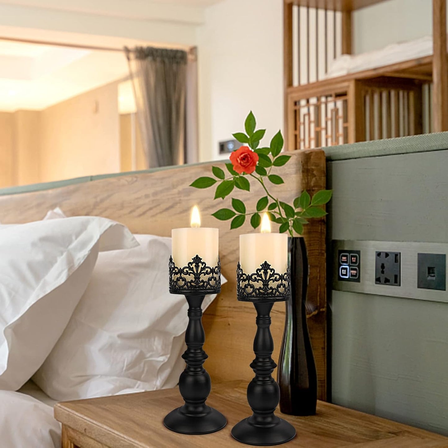 Candle Holders for Pillar Candles Gothic Matte Black Vintage Tall Candle Holders Set of 2 Decorative Large Table Centerpieces Candle Stand Decor (Black 2PCS A)