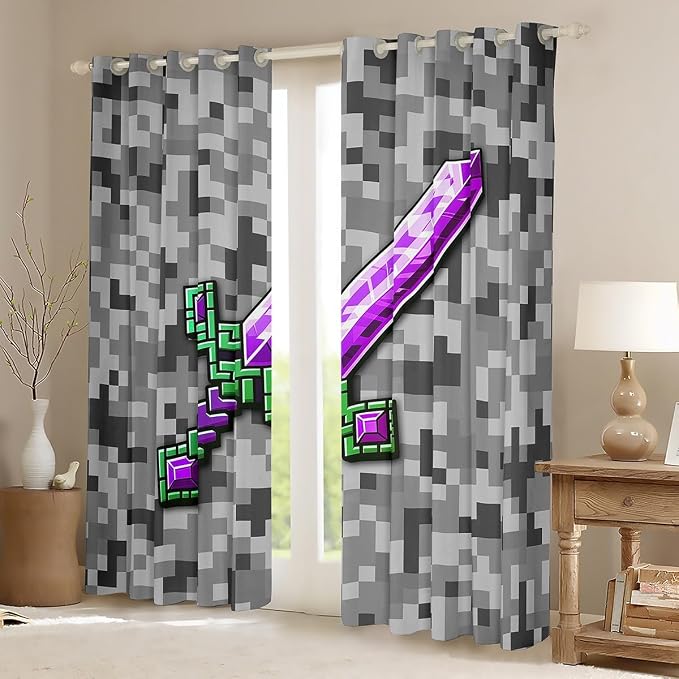 Castle Fairy Green Purple Sword Window Curtain,Miner Check Privacy Blackout Curtain for Window Video Games Shade Windows Covering for Bedroom Cool Pixel Drapes 2 Panels,38Wx45L