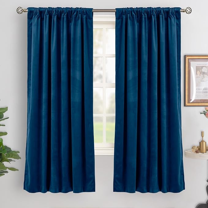 BGment Dark Blue Blackout Velvet Curtains for Bedroom, Thermal Insulated Noise Reducing Room Darkening Super Soft Window Curtains with Back Tab and Rod Pocket for Living Room, 2 Panels, 52 x 72 Inch