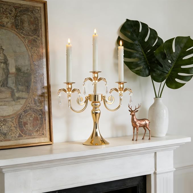 Metal 3 Arm Gold Candelabra with Crystal Pendants - 11.8 Inch Tall Candle Holders, Set of 6 - Elegant Taper Candlestick Stand for Wedding, Dining Table, Party Home Decoration