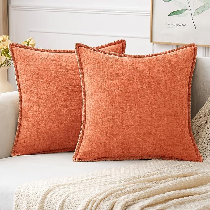 MIULEE Pack of 2 Summer Throw Pillow Covers 18x18 Inch Coral Red Farmhouse Decorative Pillow Covers with Stitched Edge Soft Chenille Solid Dyed Pillow Covers for Couch Sofa Bed Living Room