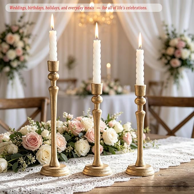Antique Iron Taper Candle Holder Set of 3, Decorative Candle Stand | Heavy Cast Iron Candle Holder for Table Centerpiece, Candlestick Holder for Wedding, Dinning, Party, Antique Brass Finish