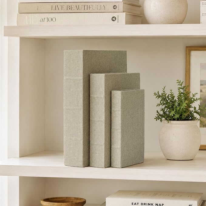 DECOR4SEASON Decorative Book Boxes Set of 3 – Modern Faux Linen & Wood Hidden Storage for Coffee Table – Stackable Fake Books for Shelf Decor, Remote Control & Jewelry Organizer (Warm Taupe)