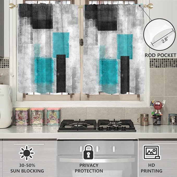 AAtter Teal Window Curtains for Kitchen Black Gray Grey Modern Abstract Funky Small Short Home Living Room Bedroom Bathroom Rod Pocket Drapes Treatment Tiers Fabric 1 Pair, 27.5" W x 36" L, Geometric