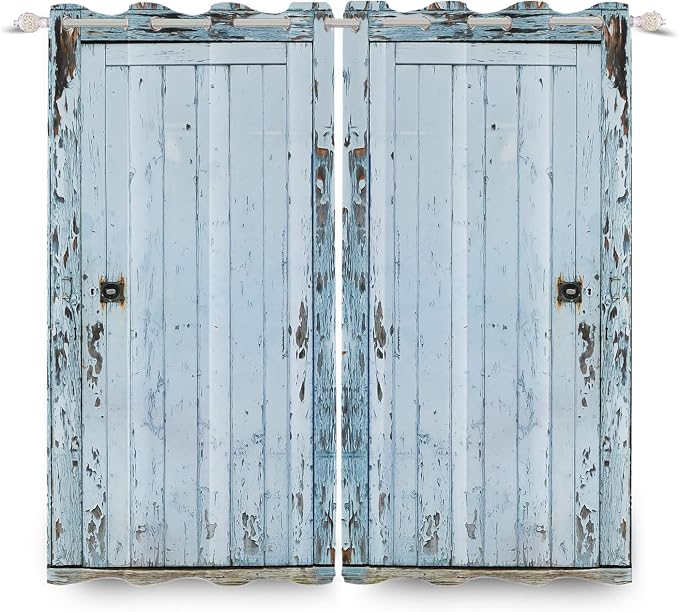 Wooden Barn Door Window Curtains Vintage Blackout Kitchen Curtains Rustic Country Farmhouse Garage Decor Light Blue Wood Planks Print Window Drapes for Living Room Bedroom,42x84 inch,2 Panels