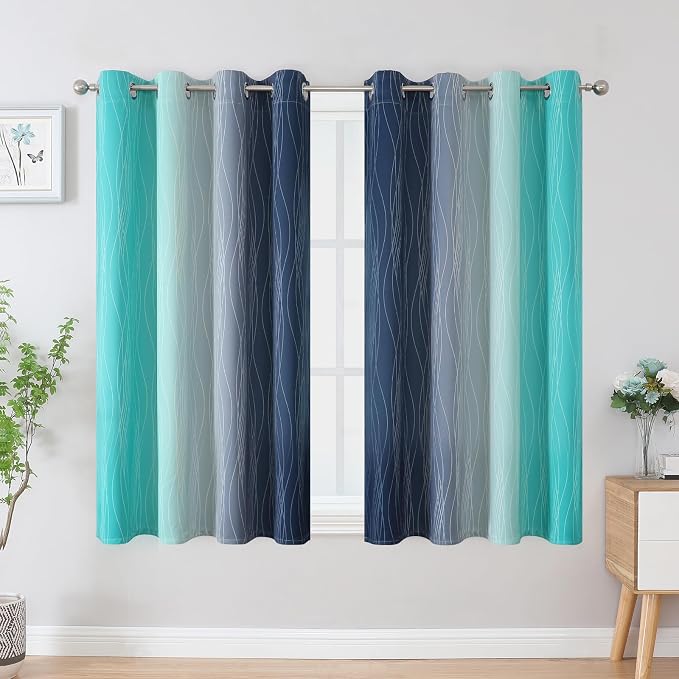 Estelar Textiler Navy Blue and Teal Blackout Curtains 54 Inch Length, Full Light Blocking Gradient Grommet Drapes for Living Room, Thermal Insulated Ombre Curtains for Bathroom,52Wx54L,2 Panels