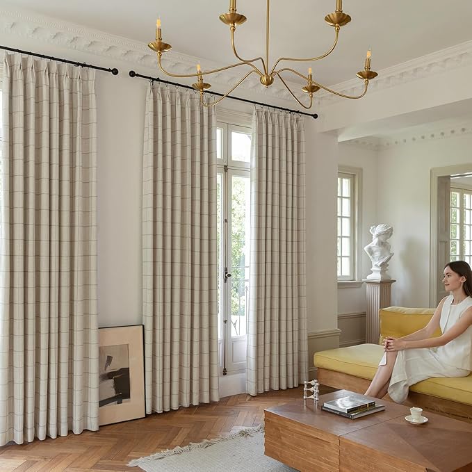 THREE GIRLS Linen Plaid Blackout Curtains for Living Room,Bedroom,Dining Room 95 Inches Long Gingham Double Layer 2 Panels Set Luxury and Modern Printed Design Darkening Pinch Pleated